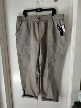 Women's Casual Drawstring Cargo Pants - Taupe Size 2X